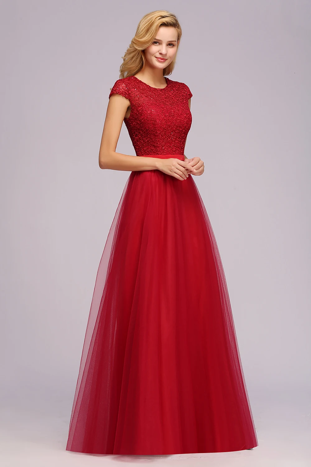 Beading O Neck A Line Sleeveless Long Lace Chiffon Bridesmaid Dress