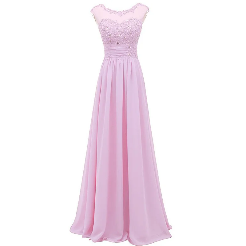 Elegant A Line Chiffon Boat Neck Beading Applique Corset Back Long Bridesmaid Dress