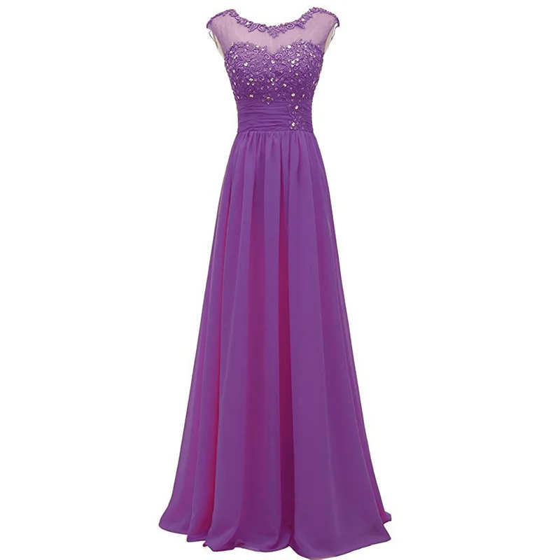 Elegant A Line Chiffon Boat Neck Beading Applique Corset Back Long Bridesmaid Dress