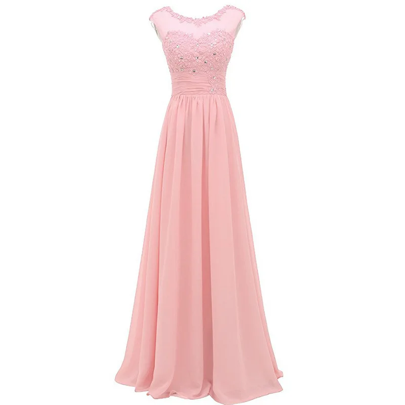 Elegant A Line Chiffon Boat Neck Beading Applique Corset Back Long Bridesmaid Dress