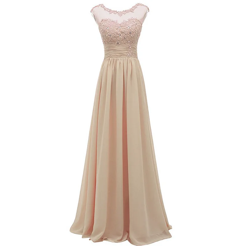 Elegant A Line Chiffon Boat Neck Beading Applique Corset Back Long Bridesmaid Dress