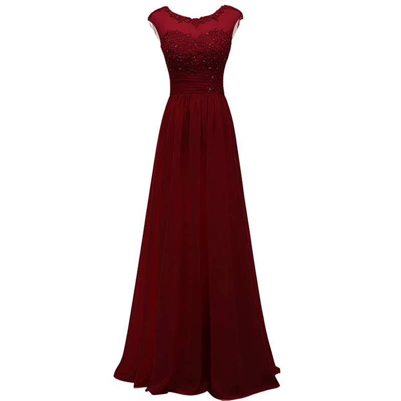 Elegant A Line Chiffon Boat Neck Beading Applique Corset Back Long Bridesmaid Dress