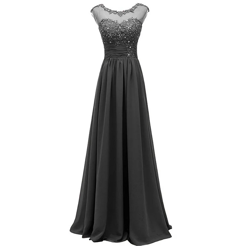 Elegant A Line Chiffon Boat Neck Beading Applique Corset Back Long Bridesmaid Dress