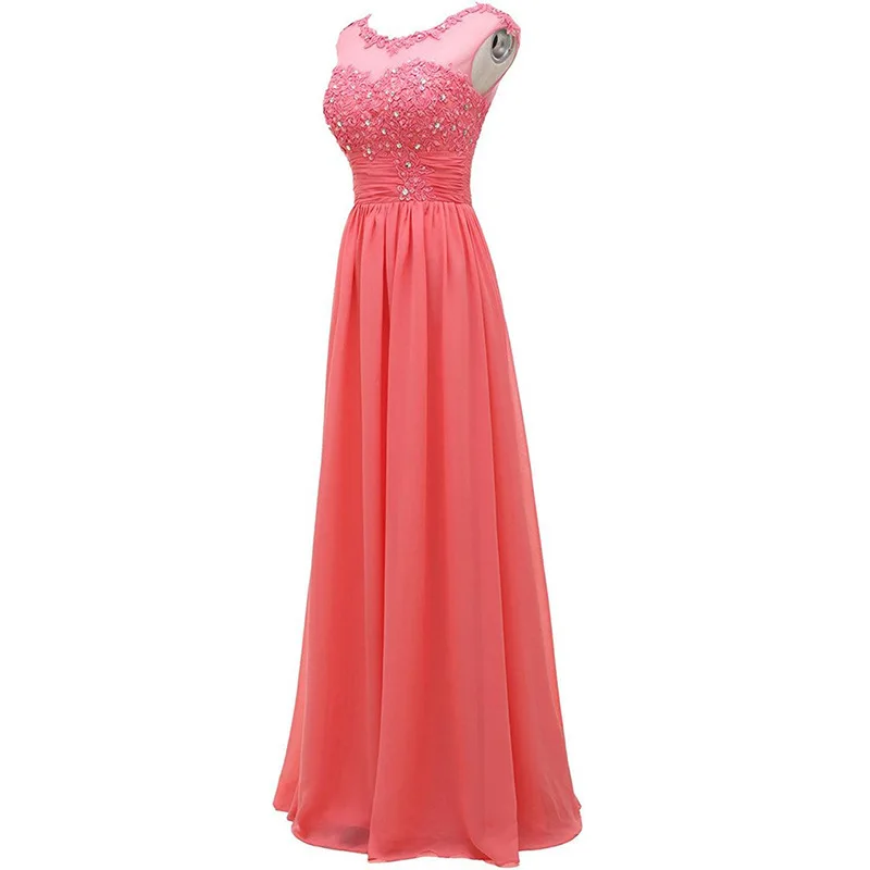 Elegant A Line Chiffon Boat Neck Beading Applique Corset Back Long Bridesmaid Dress