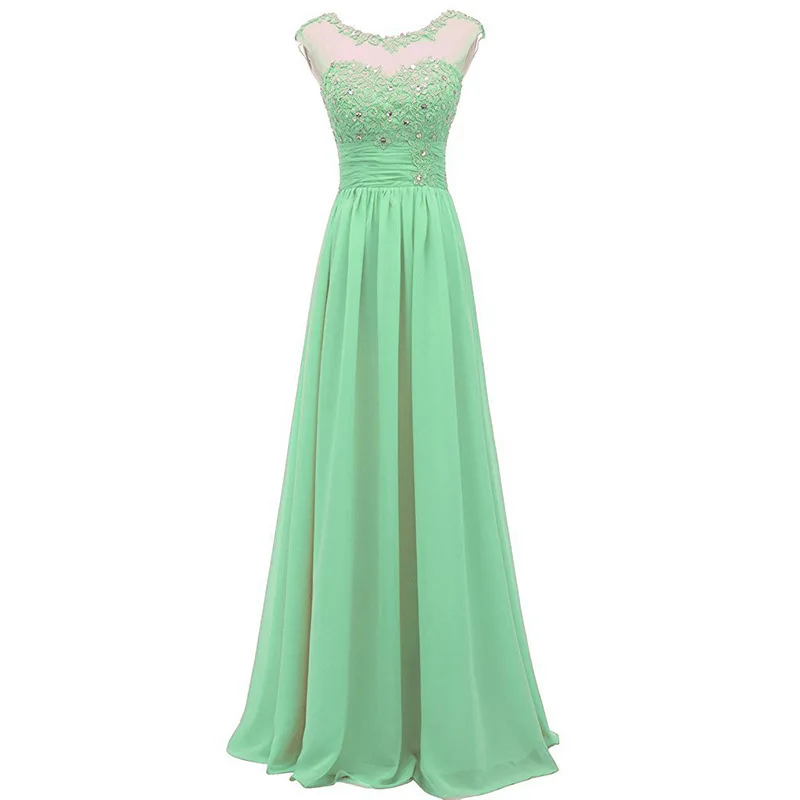 Elegant A Line Chiffon Boat Neck Beading Applique Corset Back Long Bridesmaid Dress