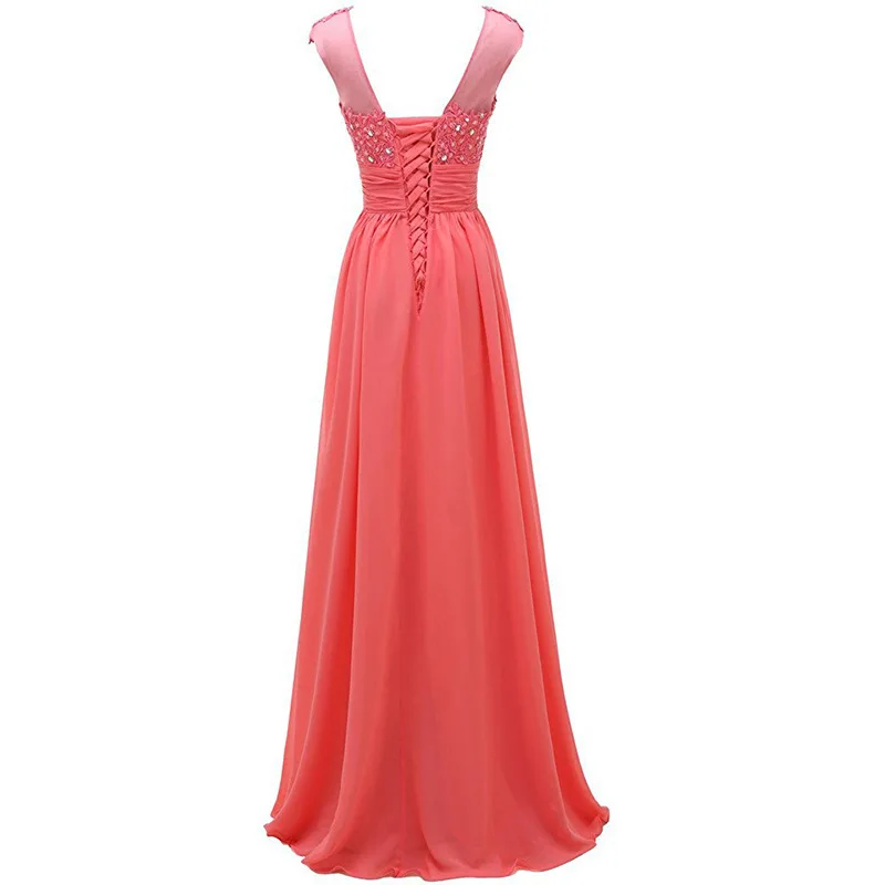 Elegant A Line Chiffon Boat Neck Beading Applique Corset Back Long Bridesmaid Dress