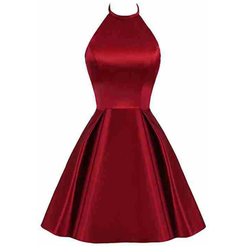 Satin Halter Sleeveless A Line Knee Length Zipper Bridesmaid Dress