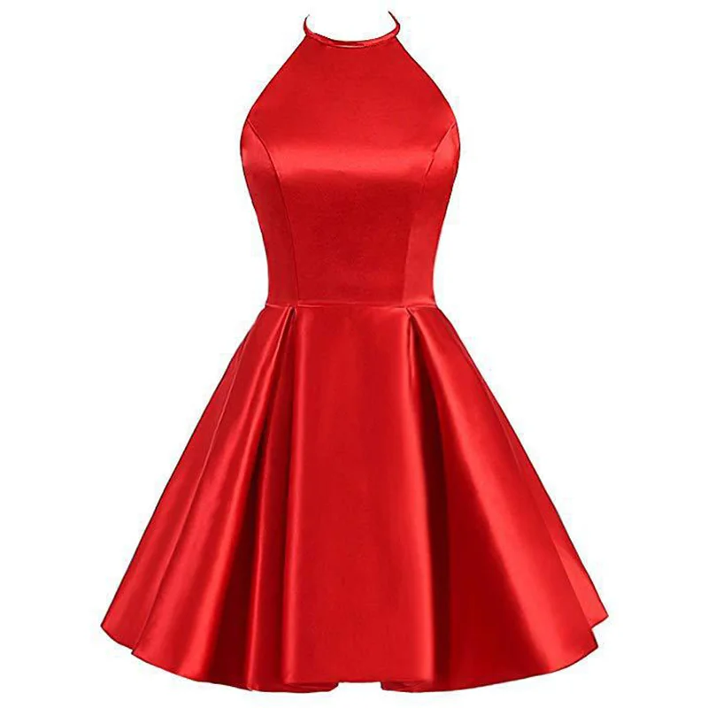 Satin Halter Sleeveless A Line Knee Length Zipper Bridesmaid Dress