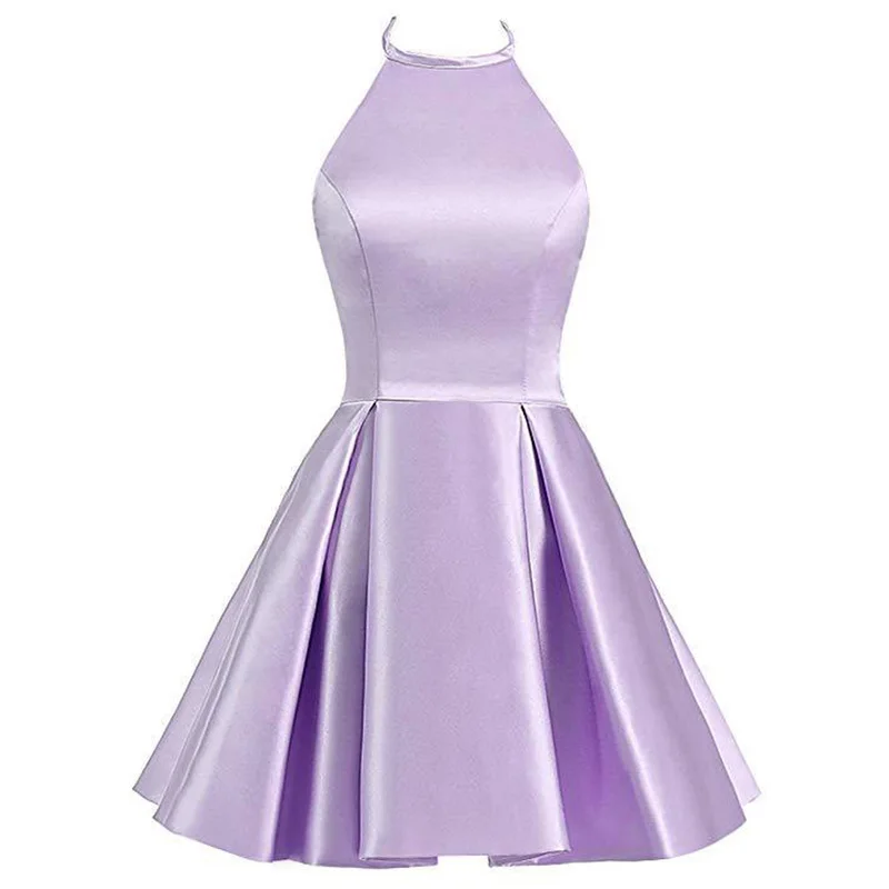 Satin Halter Sleeveless A Line Knee Length Zipper Bridesmaid Dress