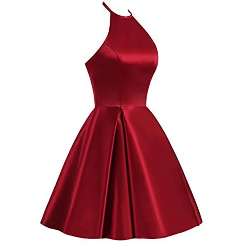 Satin Halter Sleeveless A Line Knee Length Zipper Bridesmaid Dress