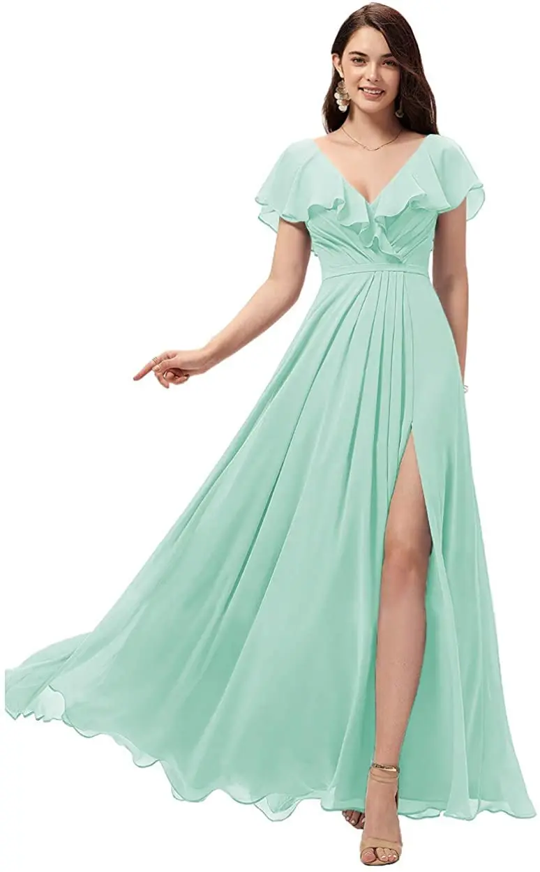 Elegant V-Neck A-Line Ruffled Short Sleeves Sage Corset Back Pleated Bridesmaid Dress