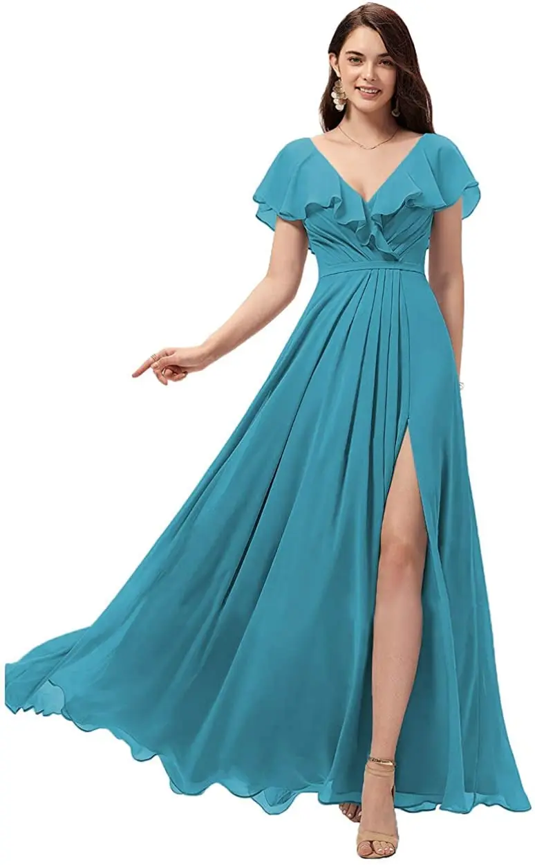 Elegant V-Neck A-Line Ruffled Short Sleeves Sage Corset Back Pleated Bridesmaid Dress