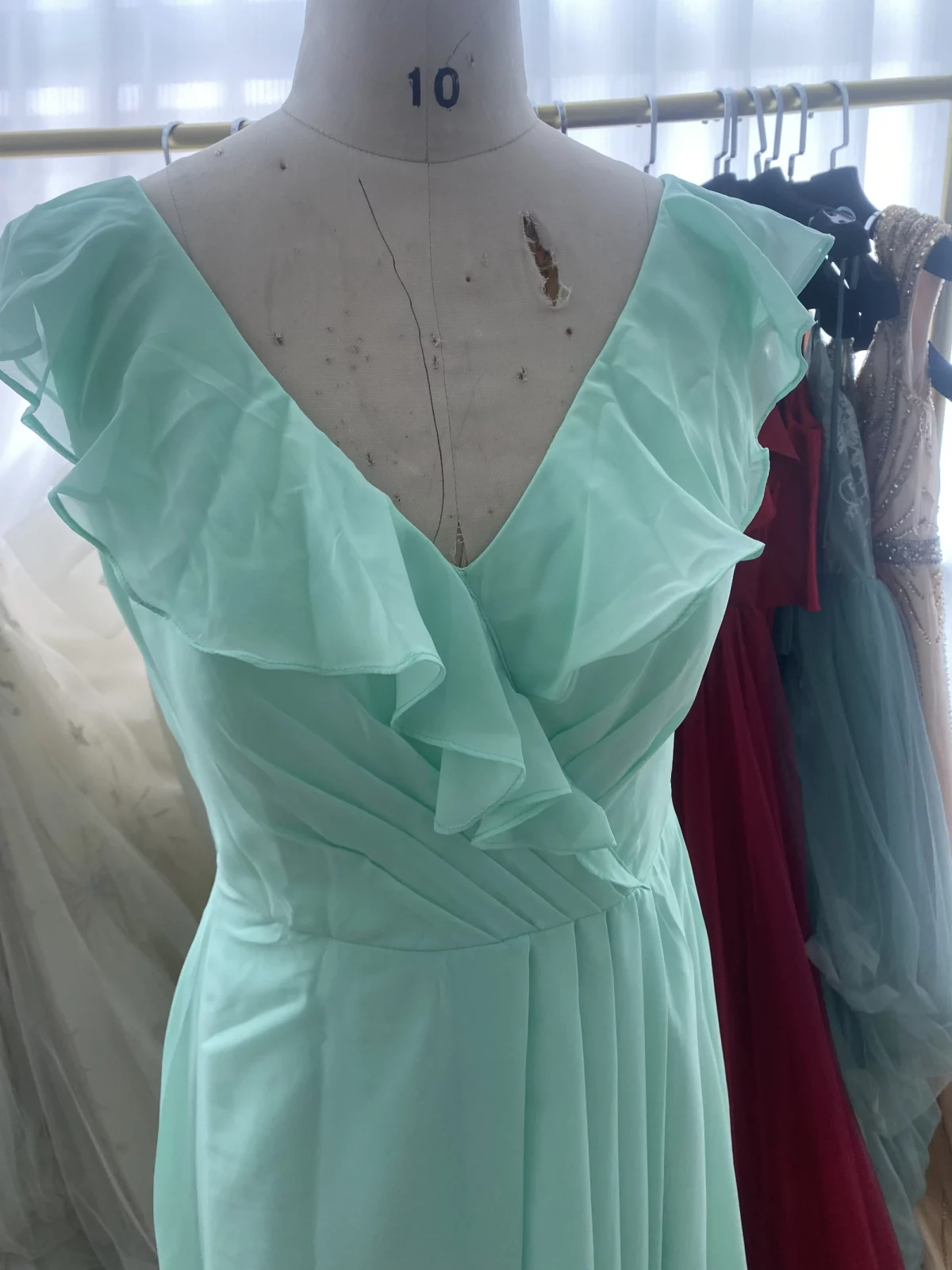 Elegant V-Neck A-Line Ruffled Short Sleeves Sage Corset Back Pleated Bridesmaid Dress