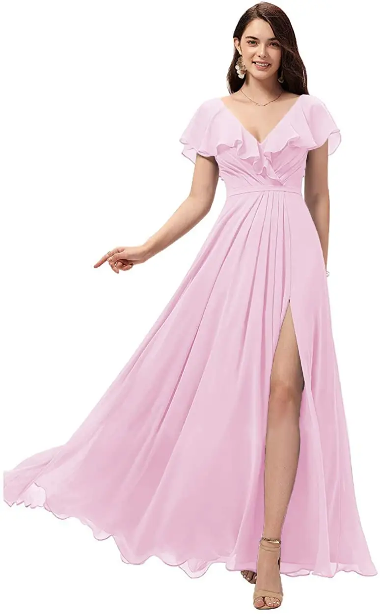 Elegant V-Neck A-Line Ruffled Short Sleeves Sage Corset Back Pleated Bridesmaid Dress