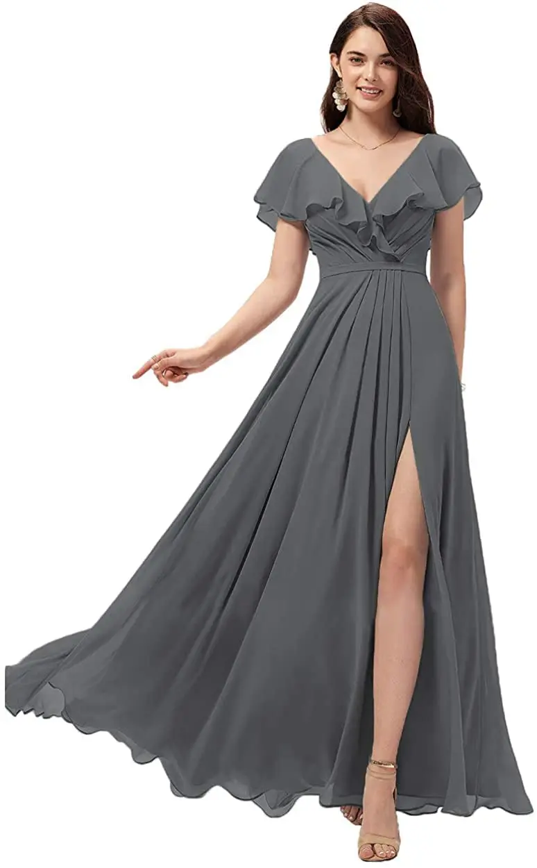 Elegant V-Neck A-Line Ruffled Short Sleeves Sage Corset Back Pleated Bridesmaid Dress