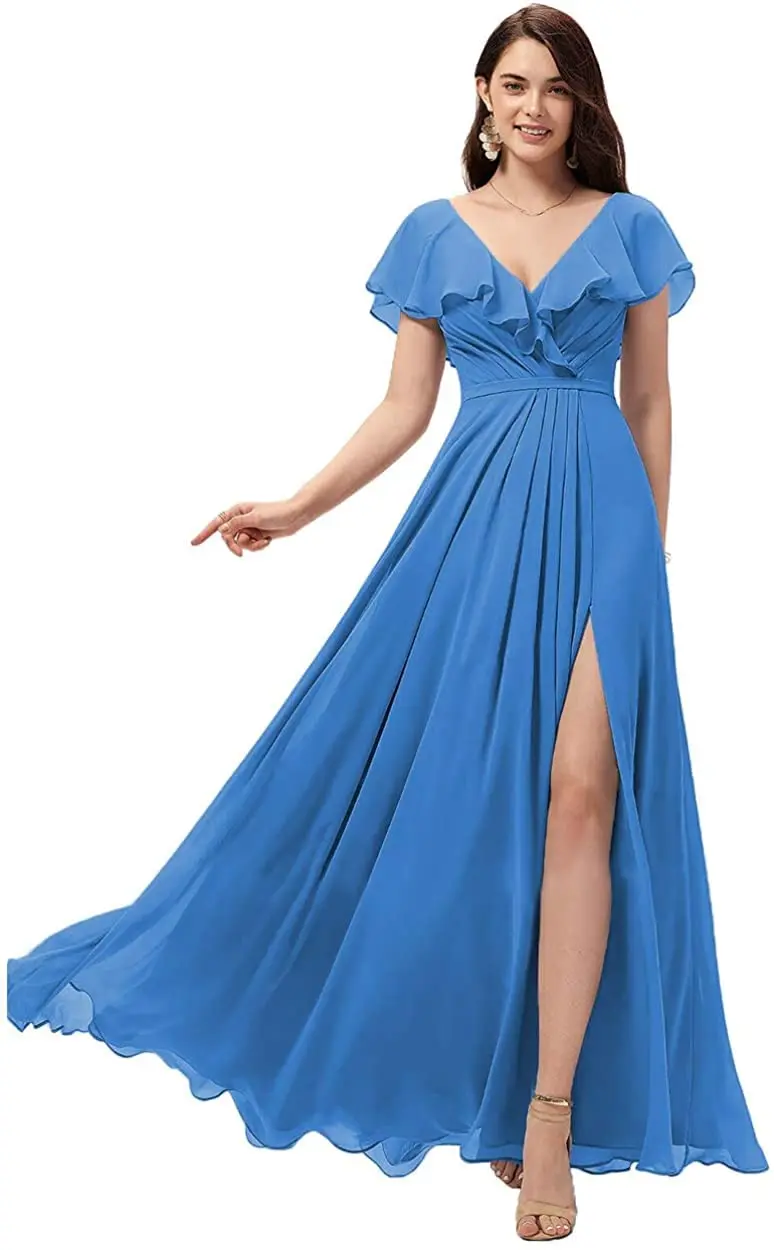 Elegant V-Neck A-Line Ruffled Short Sleeves Sage Corset Back Pleated Bridesmaid Dress