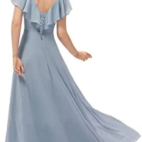 Elegant V-Neck A-Line Ruffled Short Sleeves Sage Corset Back Pleated Bridesmaid Dress