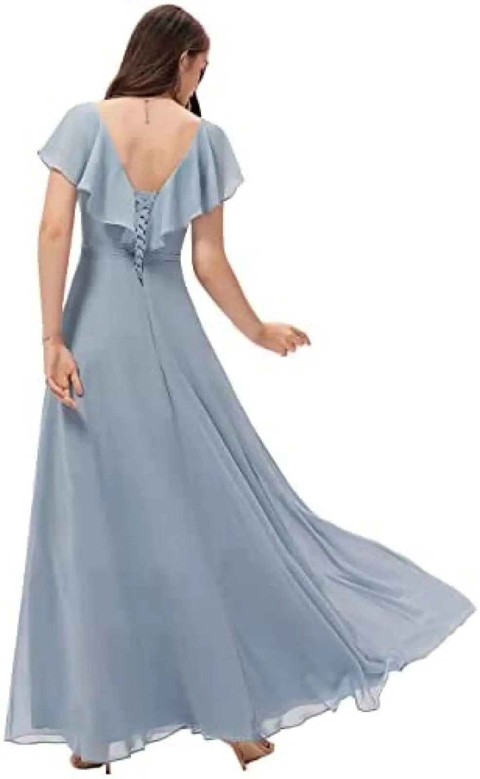 Elegant V-Neck A-Line Ruffled Short Sleeves Sage Corset Back Pleated Bridesmaid Dress