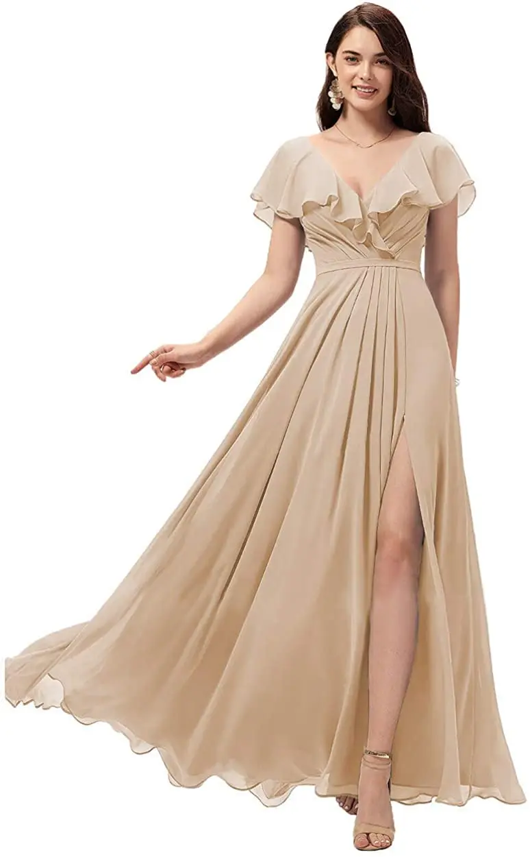 Elegant V-Neck A-Line Ruffled Short Sleeves Sage Corset Back Pleated Bridesmaid Dress