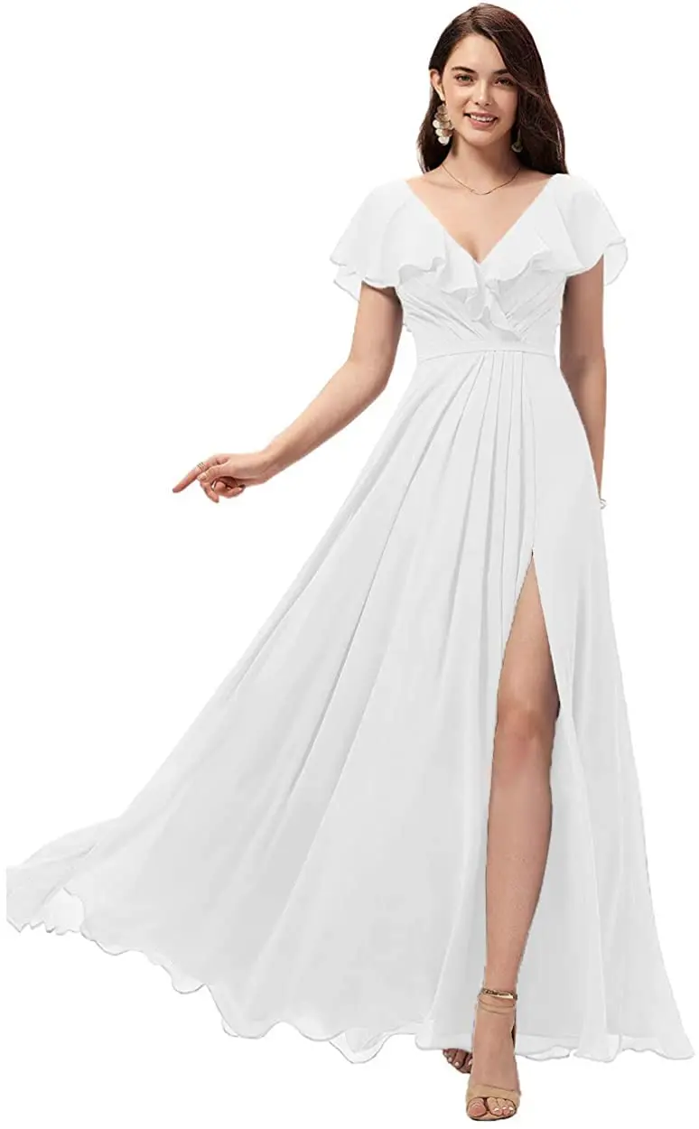 Elegant V-Neck A-Line Ruffled Short Sleeves Sage Corset Back Pleated Bridesmaid Dress