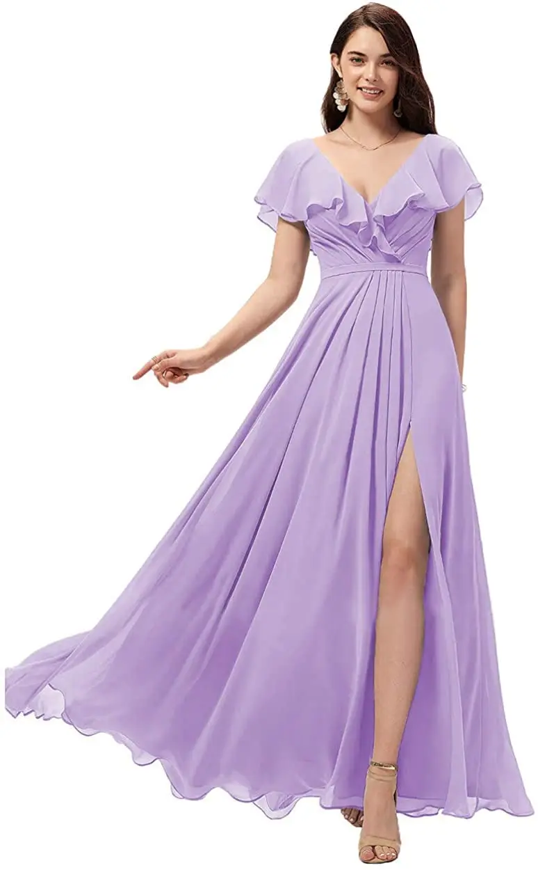 Elegant V-Neck A-Line Ruffled Short Sleeves Sage Corset Back Pleated Bridesmaid Dress