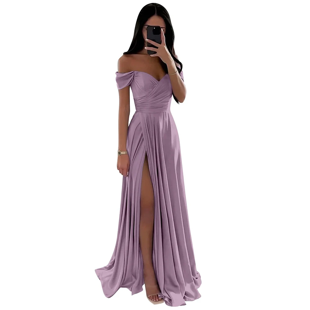 Off The Shoulder Satin A-Line With Slit Long Pleated Bridesmaid Dress