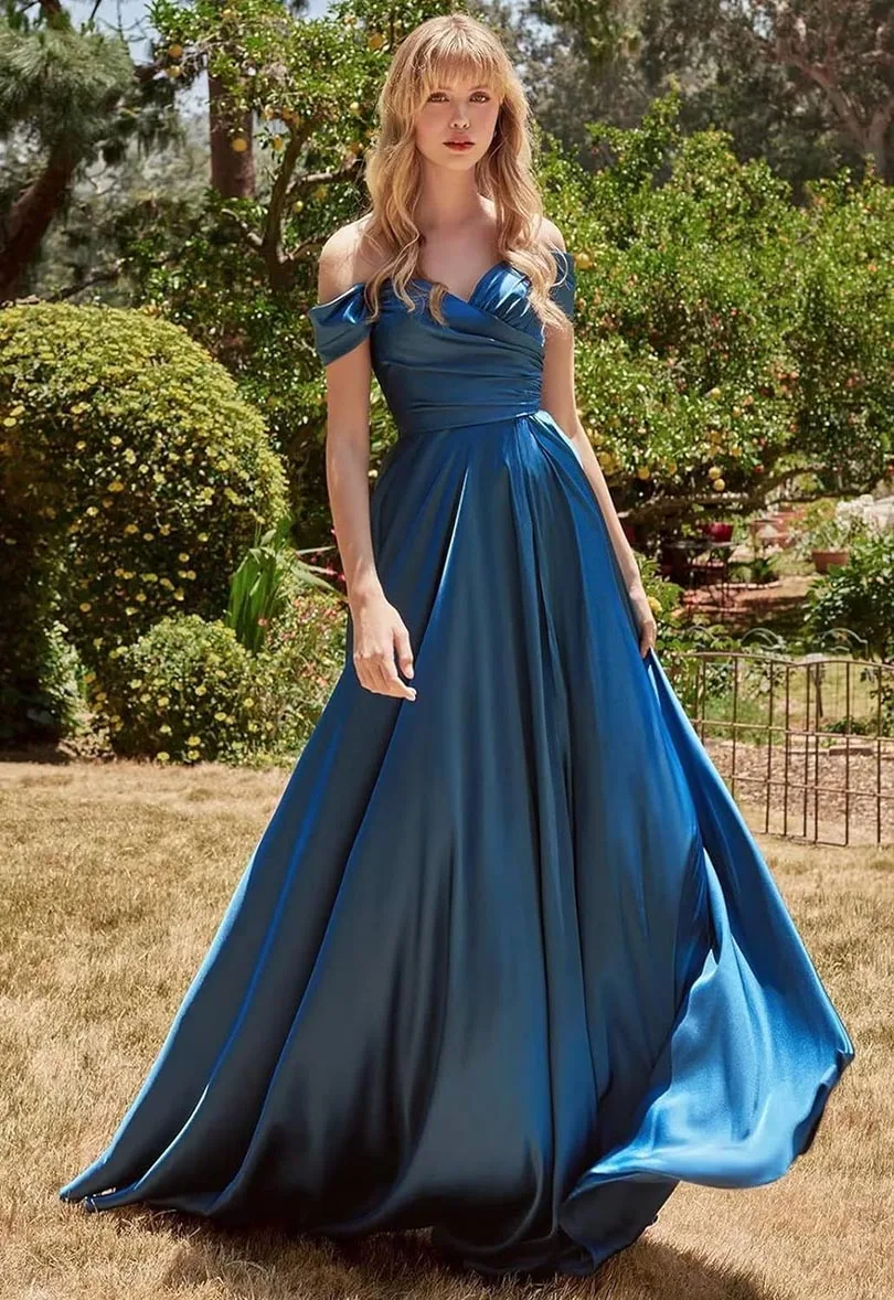 Off The Shoulder Satin A-Line With Slit Long Pleated Bridesmaid Dress