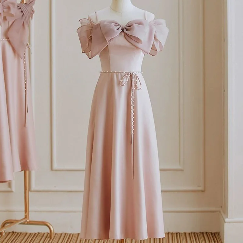 Sweet Pink Bow Lace Up A-Line Off Shoulder Satin Bridesmaid Dress