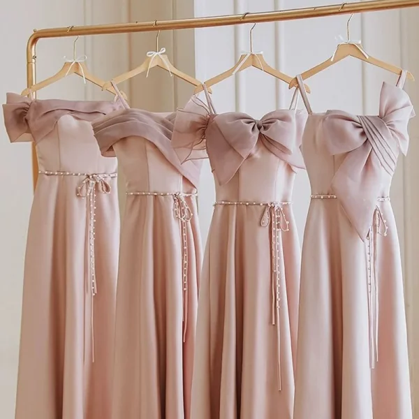 Sweet Pink Bow Lace Up A-Line Off Shoulder Satin Bridesmaid Dress