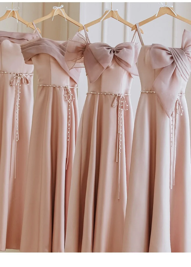 Sweet Pink Bow Lace Up A-Line Off Shoulder Satin Bridesmaid Dress