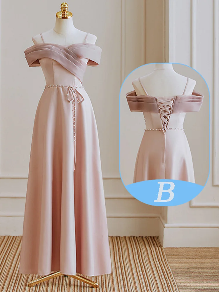 Sweet Pink Bow Lace Up A-Line Off Shoulder Satin Bridesmaid Dress