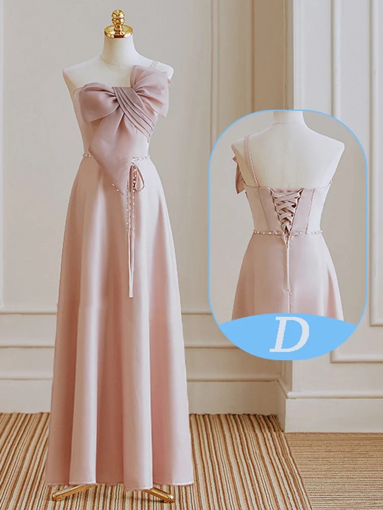 Sweet Pink Bow Lace Up A-Line Off Shoulder Satin Bridesmaid Dress