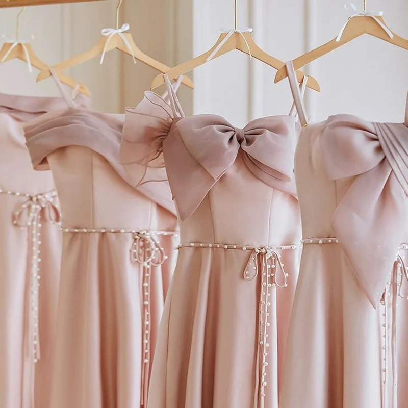 Sweet Pink Bow Lace Up A-Line Off Shoulder Satin Bridesmaid Dress