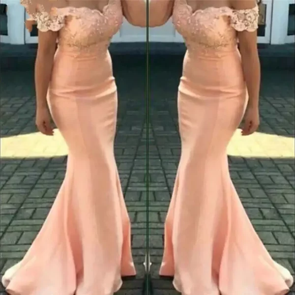 Boat Neck Off The Shoulder Thick Satin Peach Bridesmaid Dress