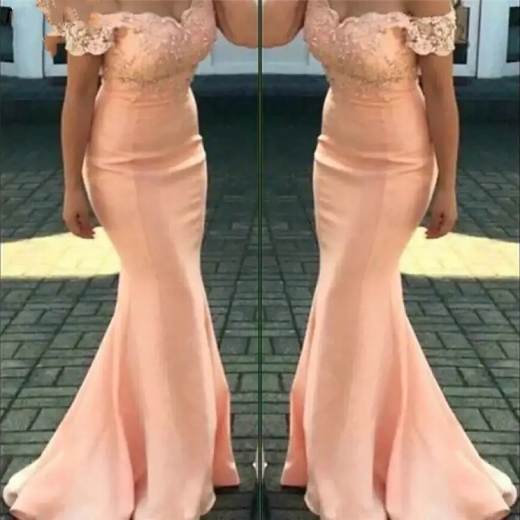 Boat Neck Off The Shoulder Thick Satin Peach Bridesmaid Dress