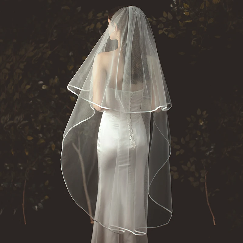 Elegant Tulle Ribbon Edge Bridal Veil Two Layer