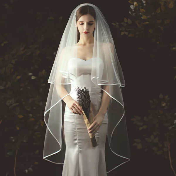 Elegant Tulle Ribbon Edge Bridal Veil Two Layer