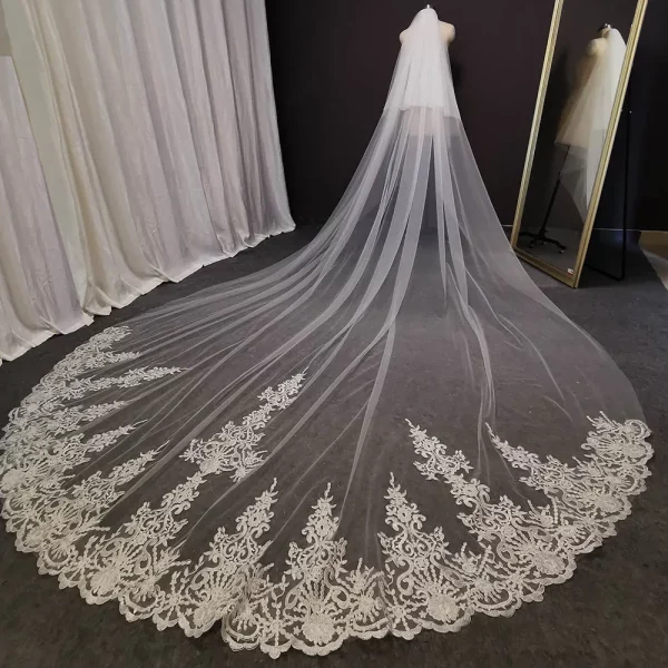 4 Meters White Ivory Long Lace Bridal Veil With Comb