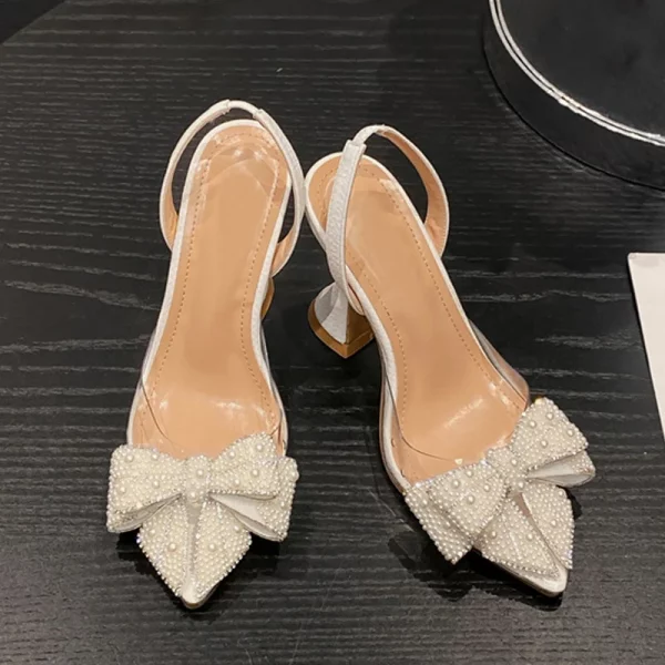 White Pearl Bowknot Pointed Toe High Heels Wedding Shoes