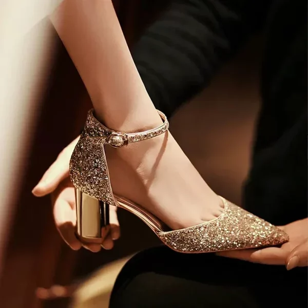 Gold Silver Sequins Pointed Toe Ankle Straps High Heels Pumps Wedding Shoes
