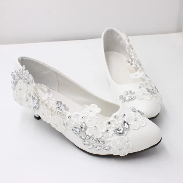 White Lace Low Heel Elegant Wedding Shoes