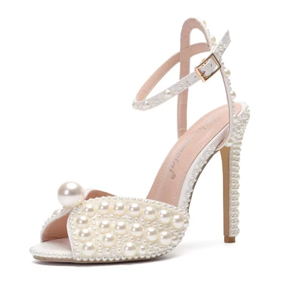 Pearls Studs Peep Toe High Heels Buckle Sandals Wedding Shoes