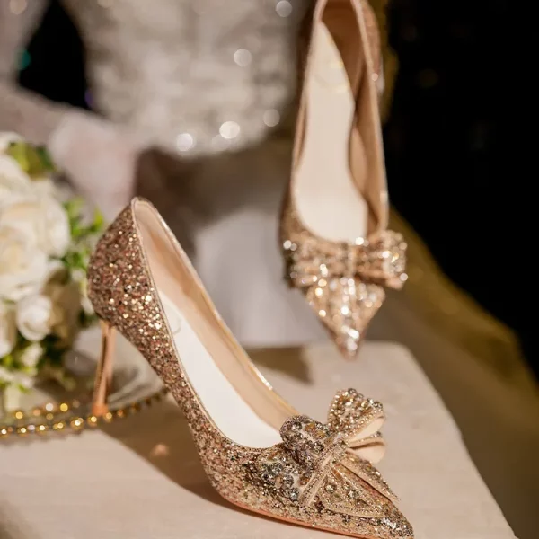 Gold Silver Sequin Rhinestone Butterfly High Heels Party Wedding Shoes