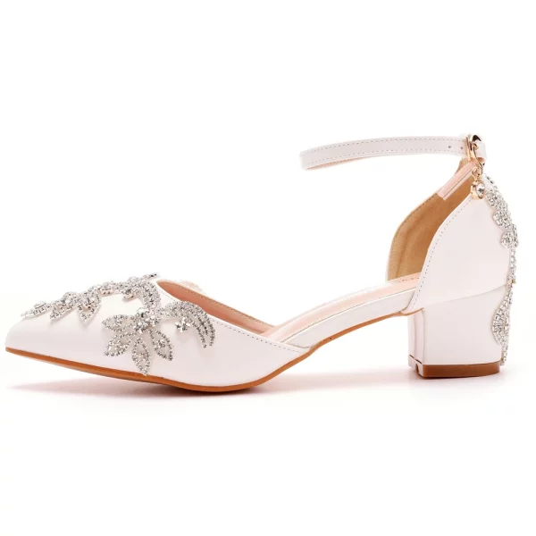 White Crystal Thick High Heels Wedding Bride Shoes
