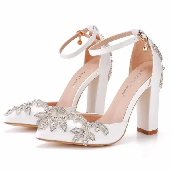 Flower Rhinestone 10.5 CM Square Heel Wedding Shoes