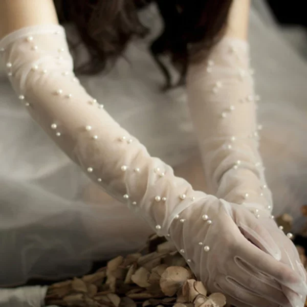 Vintage Transparent Pearls Long Elbow Mittens Mesh Wedding Gloves