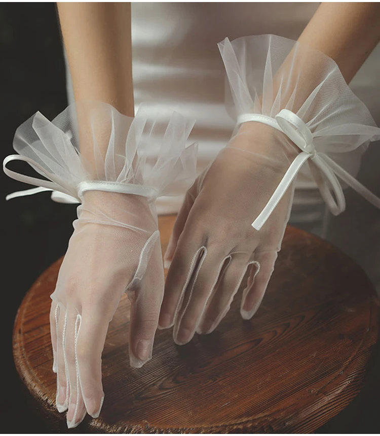 Elegant Wedding Bridal Short White Gloves Breathable Tulle Ribbon Bow