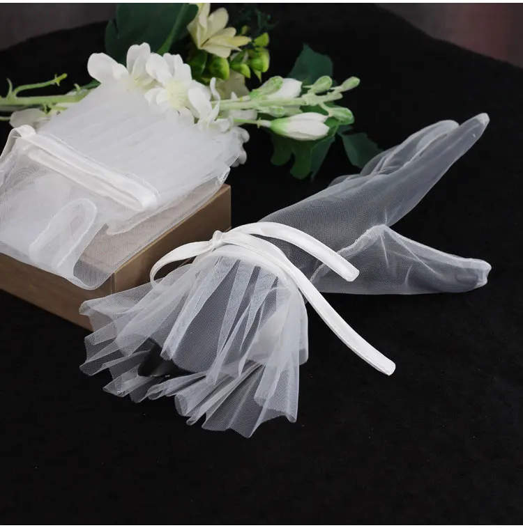 Elegant Wedding Bridal Short White Gloves Breathable Tulle Ribbon Bow