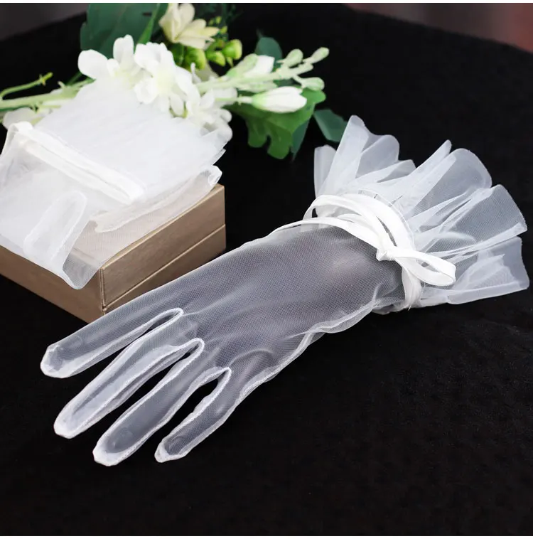 Elegant Wedding Bridal Short White Gloves Breathable Tulle Ribbon Bow