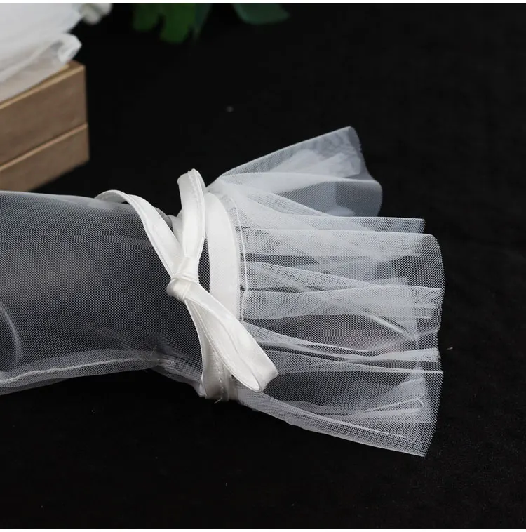 Elegant Wedding Bridal Short White Gloves Breathable Tulle Ribbon Bow